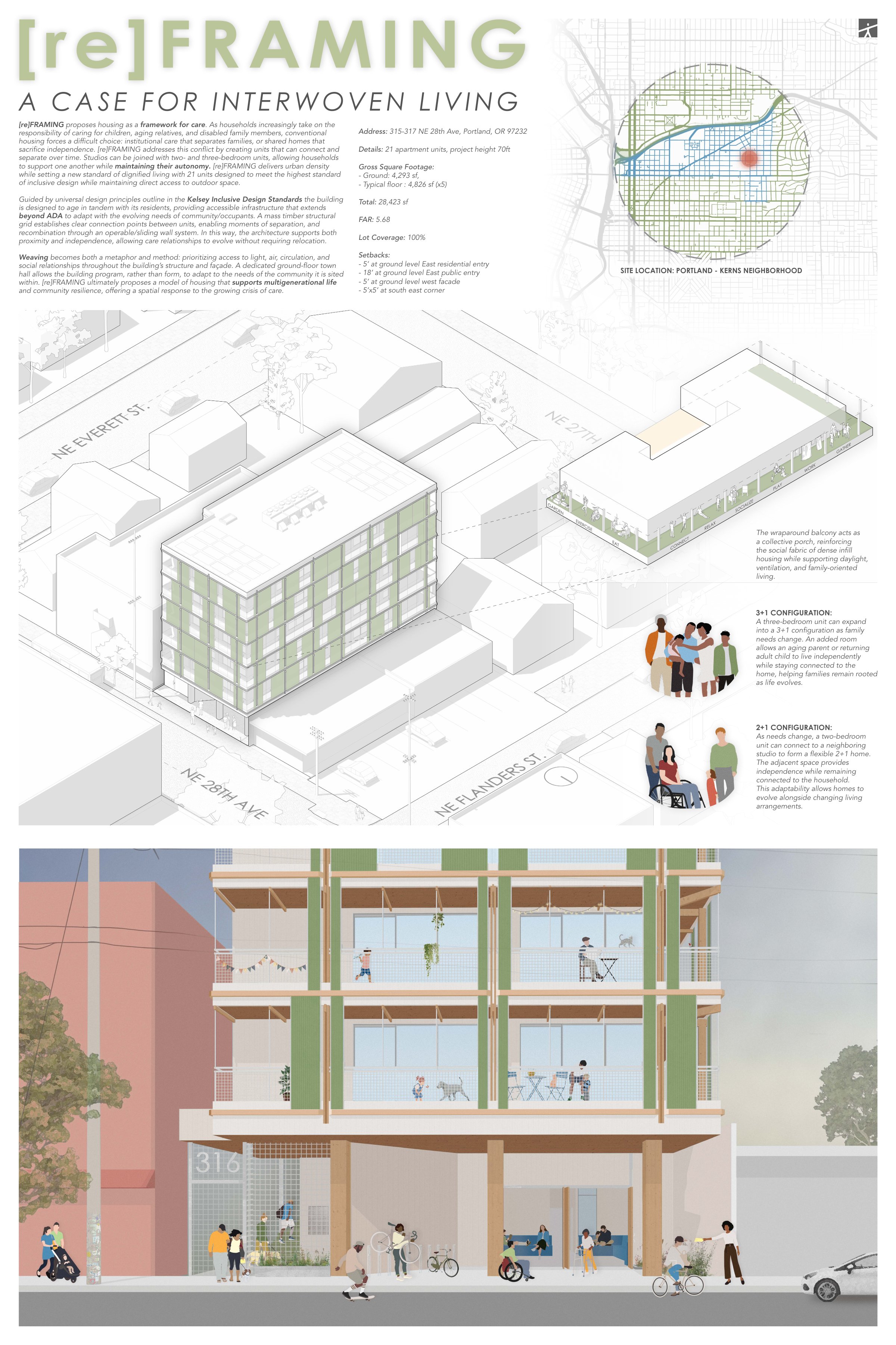 ATEM Board 1 — site plan, isometric view, and interwoven living concept