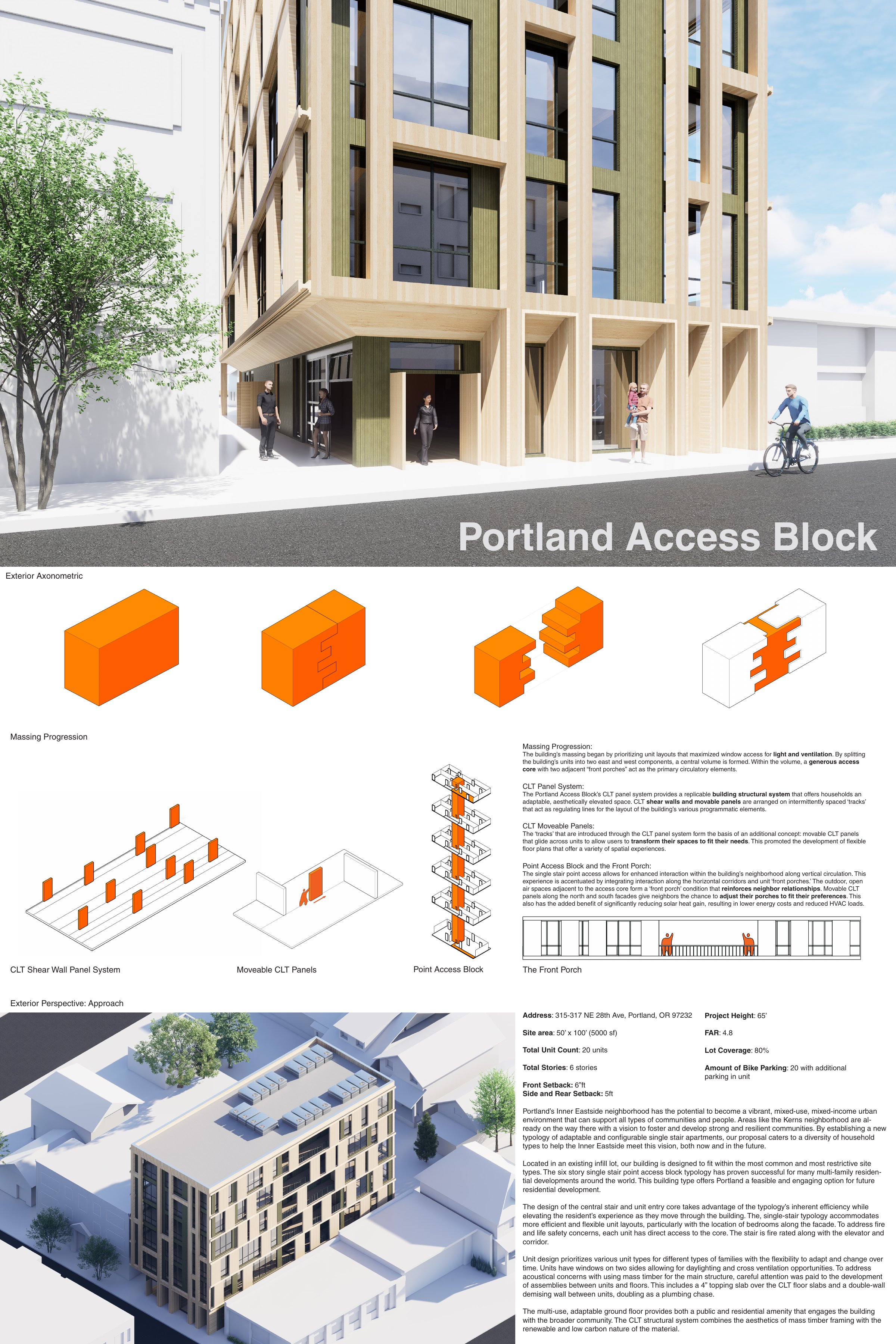 Portland Access Block Board 1 — exterior perspective, CLT panel system, and front porch concept
