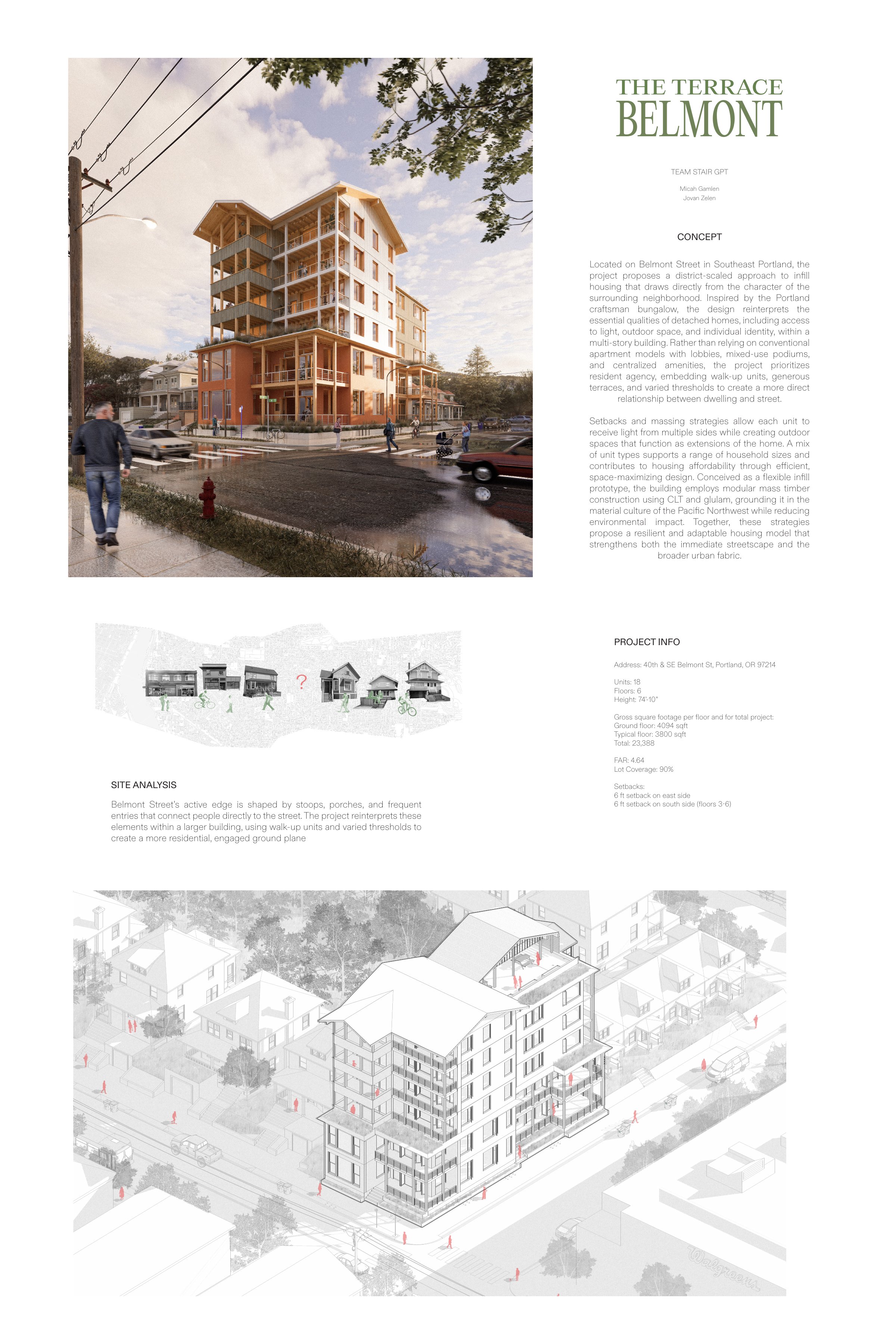 Stair GPT Board 1 — The Terrace Belmont concept, street perspective, and site analysis